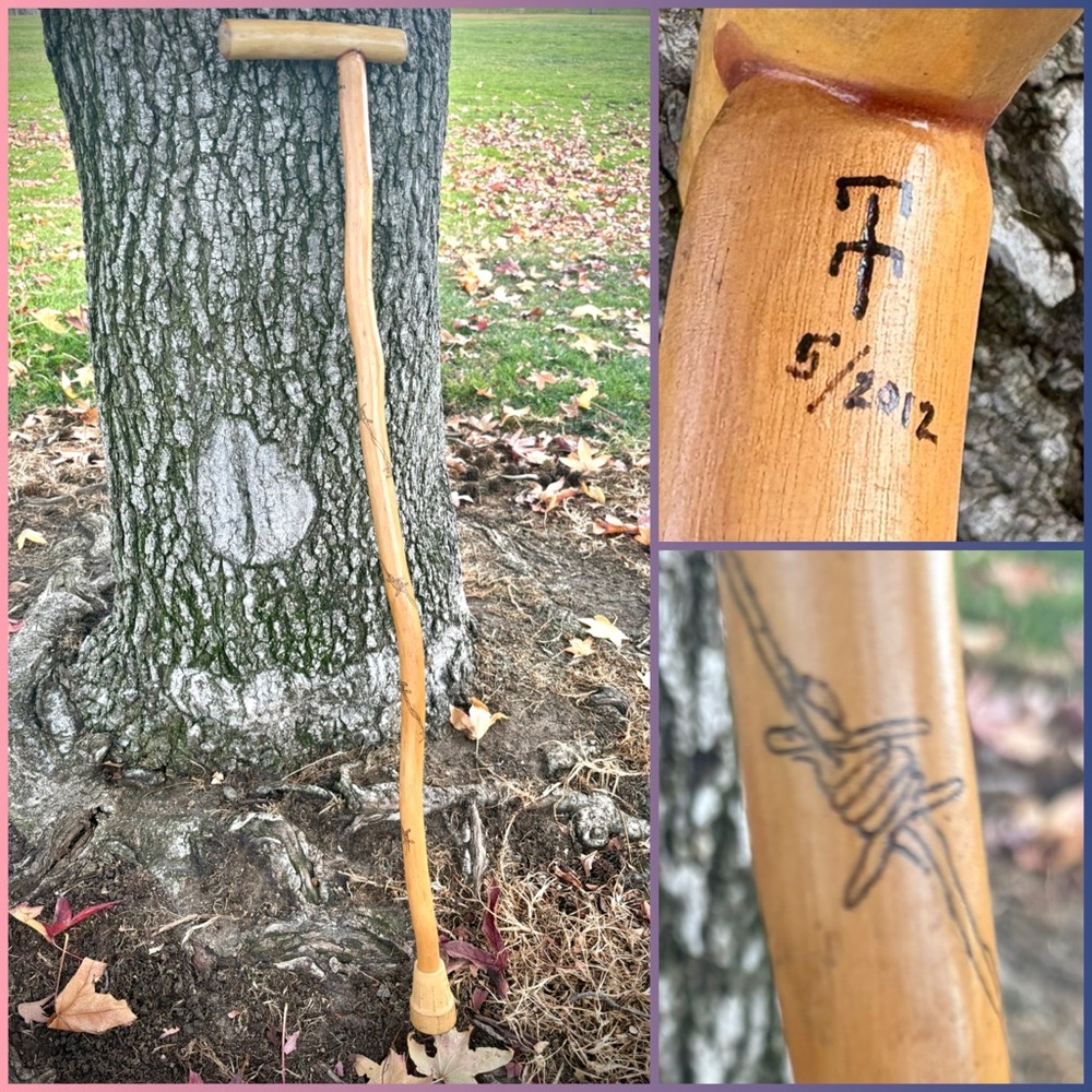 Handcrafted Wooden Walking Stick / Cane with Barbwire Design